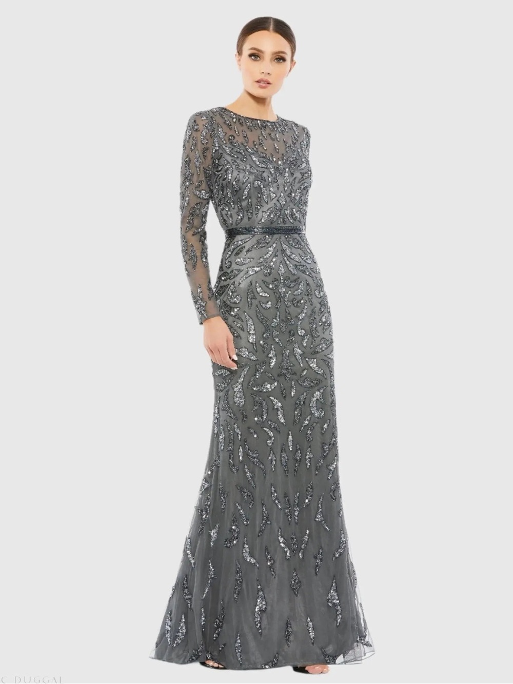 Mac Duggal 5124 Dark Gray Long Sleeve Beaded Evening Gown Size 10 NWT